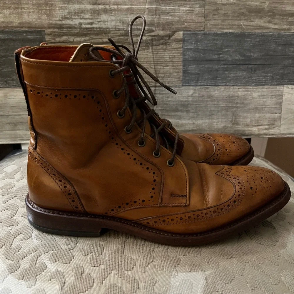 Allen Edmonds Dalton Tan Leather Wingtip Dress Boots Mens 7B Brogue Lace Up